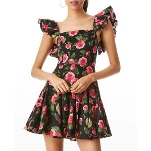 Roses Godet Dress ruffle sleeve flowy, Black